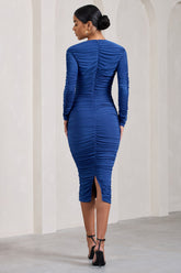 Cobalt Blue V-Neck Long-Sleeved Midi Dress